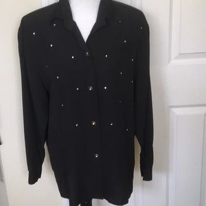 Vtg ZIKI Black evening dressy long sleeve blouse w rhinestones & shoulder pads